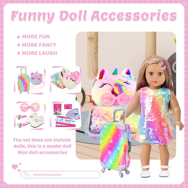 K. T. Fancy K.T. Fancy 23 Pcs American 18 Inch Doll Clothes and Accessories  Cute Doll Suitcase Set for 18 Inch Girl Doll Included Doll Sequined Dress  Sunglasses  Unicorn Bag  Shoes(No Doll) - Image 3
